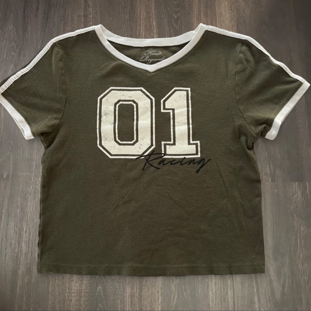 Kind‎ Regards Racing Graphic Baby Tee Cropped Green Women’s Large Y2K